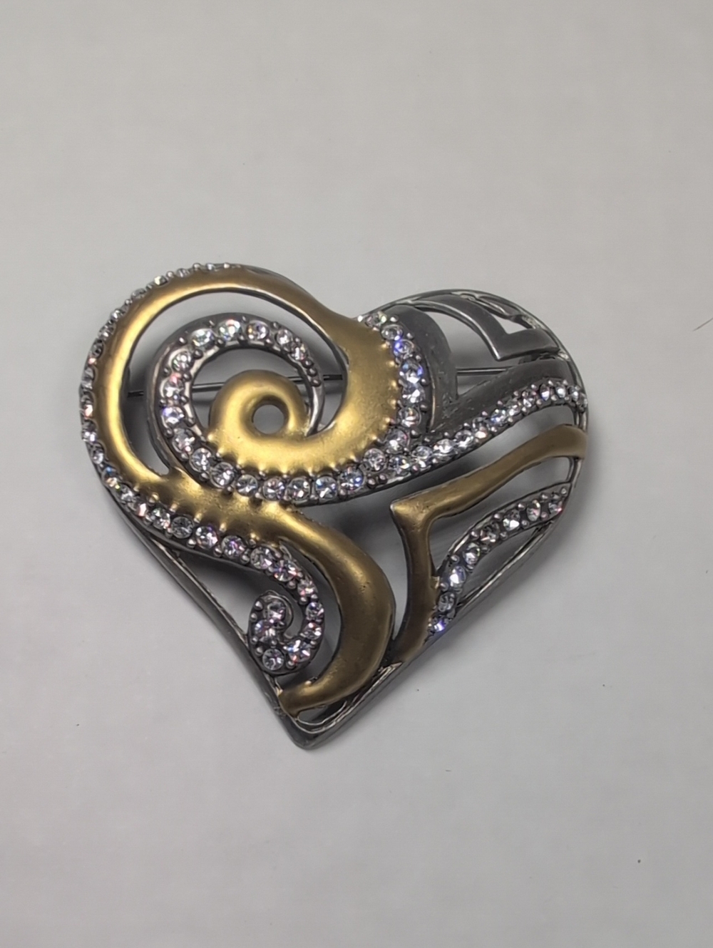 Chico's Two-Tone Gold and Silver Heart Brooch with Crystals 2 AHA 2008